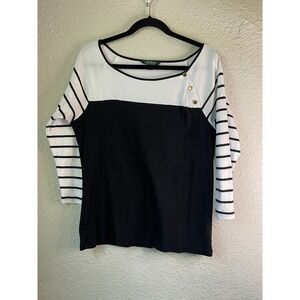 Lauren‎ Ralph Lauren Color Block Top Button Accent 3/4 Sleeve XL